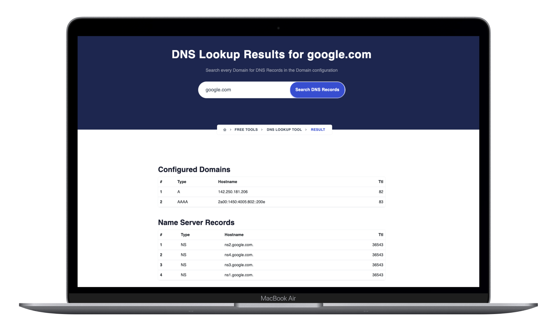 Example output from DNS Lookup